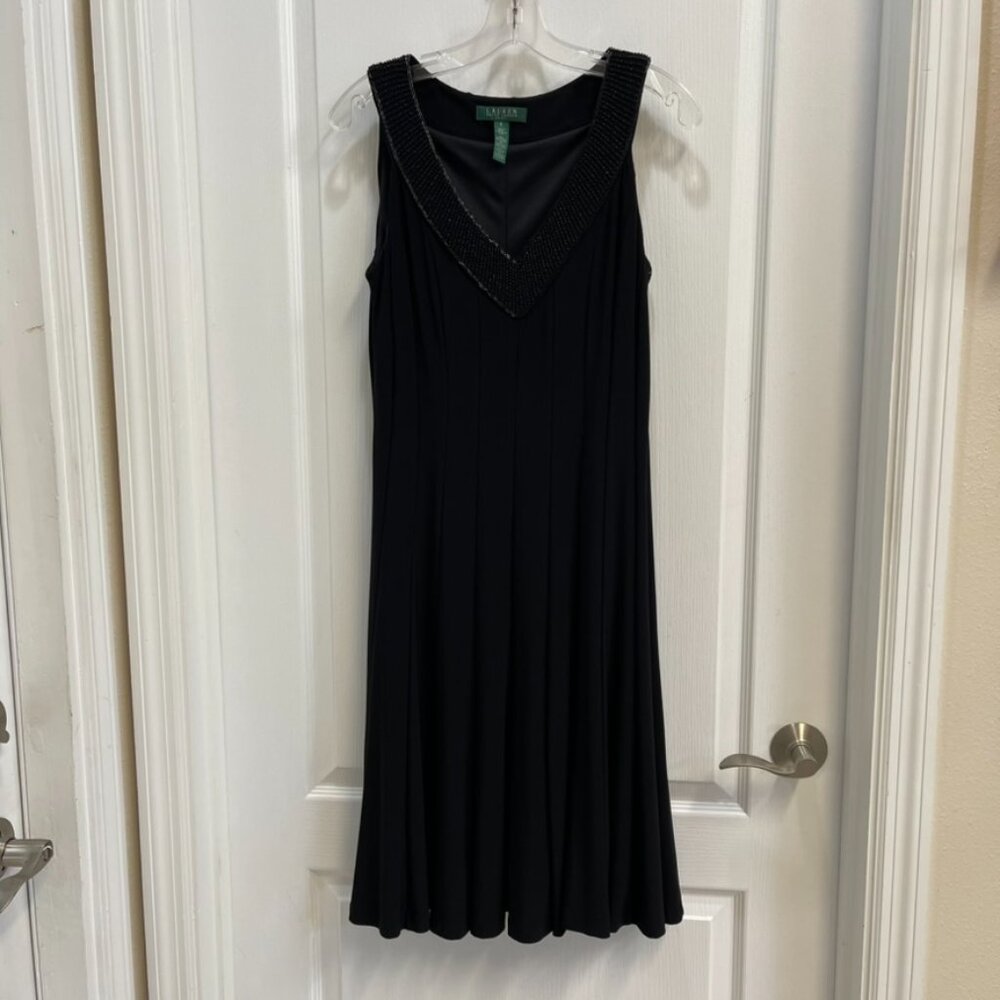 Lauren Ralph Lauren Black Beaded V Neck Pleated A Line Sleeveless Lined Dress 8 - Picture 12 of 14